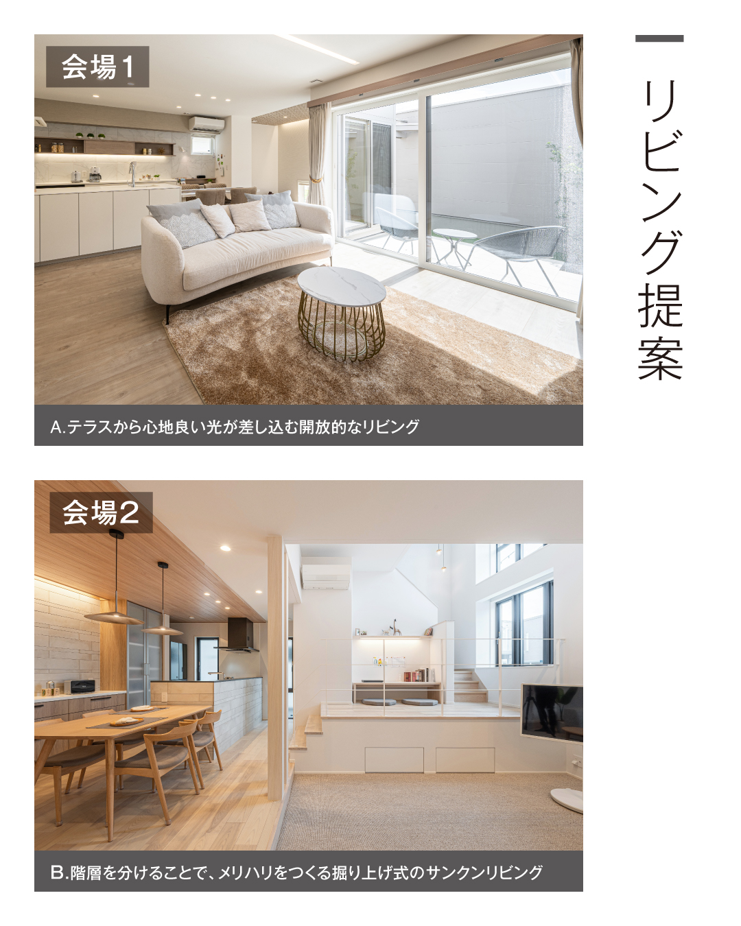 リビング提案　Aテラスから心地よい光が差し込む開放的なリビング　B階層を分けることでメリハリをつくる掘り下げ式のサンクンリビング