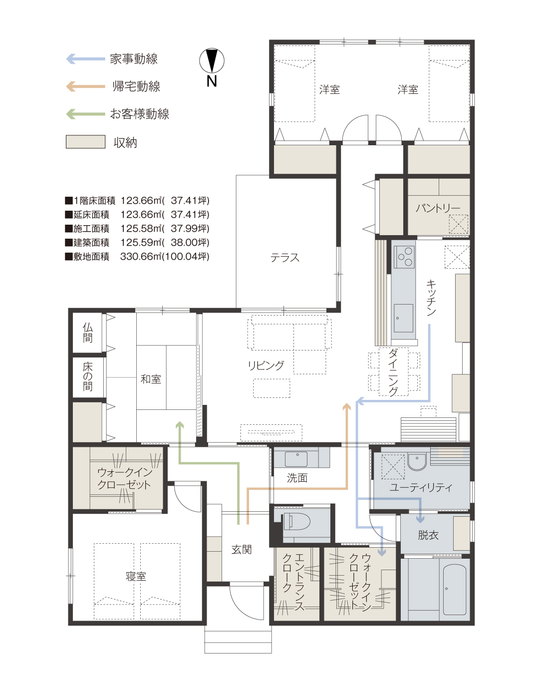 家事動線　帰宅動線　お客様動線　収納