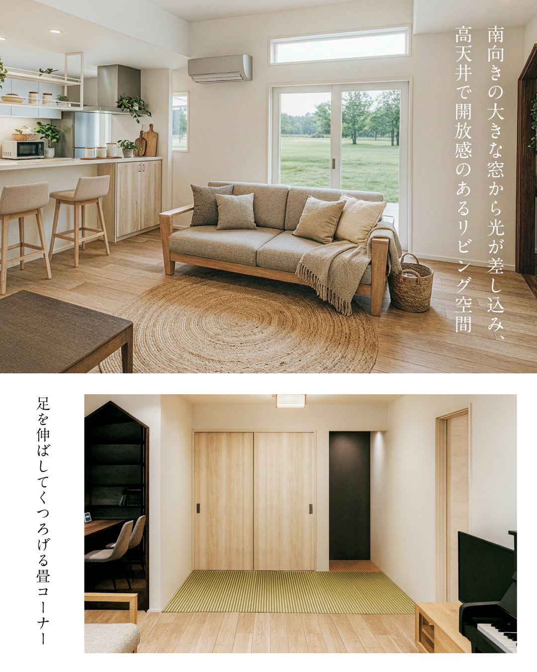 南向きの大きな窓から光が差し込み、高天井で開放感のあるリビング空間　足を伸ばしてくつろげる畳コーナー