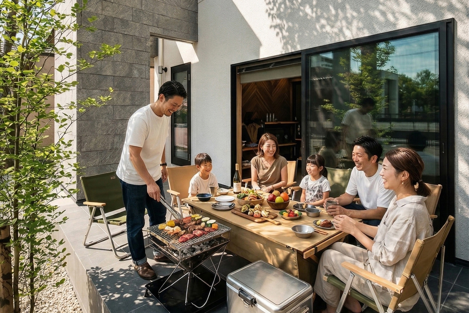 家族が新居のテラスでBBQを楽しむ様子