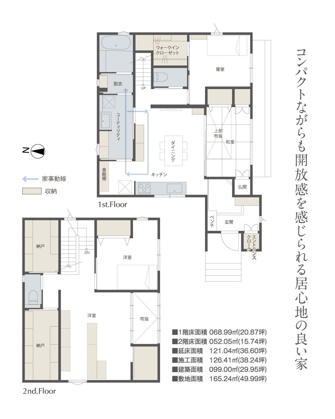 コンパクトながらも開放感を感じられる居心地の良い家　家事動線