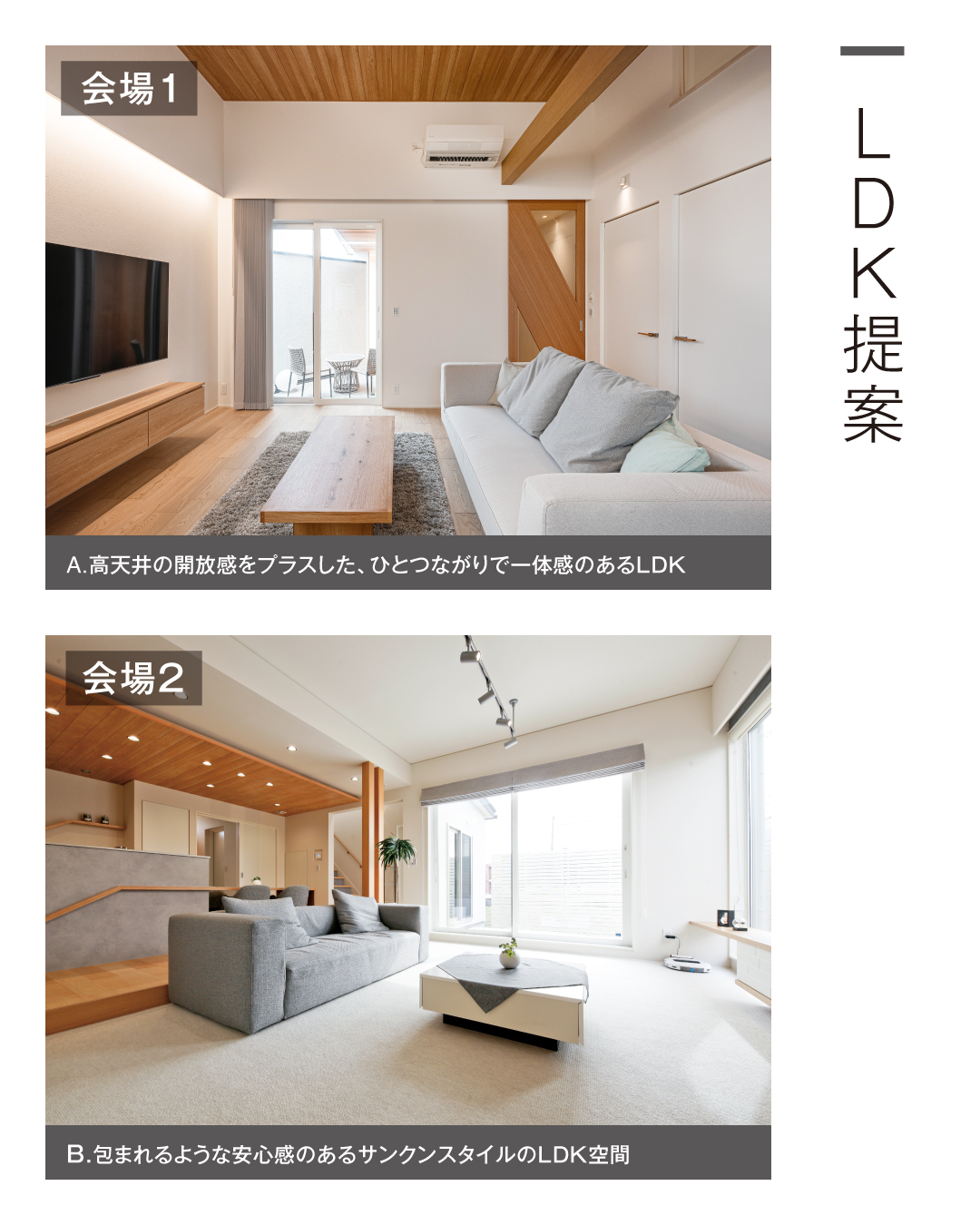 LDK提案　高天井の開放感をプラスした、ひとつながりで一体感のあるLDK 包まれるような安心感のあるサンクンスタイルのLDK空間
