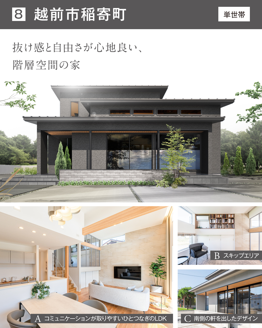 越前市稲寄町　抜け感と自由さが心地良い、階層空間の家　単世帯　コミュニケーションが取りやすいひとつなぎのLDK スキップエリア　南側の軒を出したデザイン